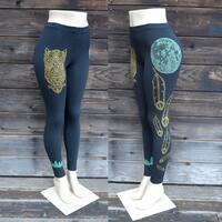 Gold Owl and Full Moon Feather Leggings - Women's Leggings - Yoga Leggings - Black Leggings - Wo