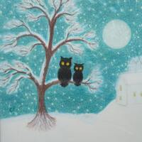 Owl Christmas Card, Tree Snow Card, Mother Daughter Card, Two Owls Moon, Winter Card, Father Son Chr