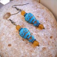 Turquoise Czech Glass Owl and Fire Polished Topaz Opal Beaded Earrings