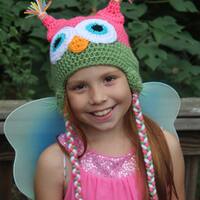 Made to order crochet owl hat:  baby-adult; pink; green