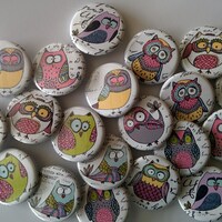 whimsical owl buttons gift set of 20 1", 1.25" or 1.5" pin, flat, hollow or magnet ba