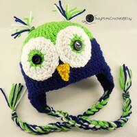 Seahawks colors inspired crochet green and blue owl hat, sizes 0 months to Child size, owl hat