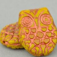 Czech Glass Horned Owl Beads - Bird Beads - Mustard Orange Opaque with Copper Wash Beads - 18x15mm -