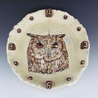 Stoneware Owl Wall Clock / Ceramic Brown Owl Clock