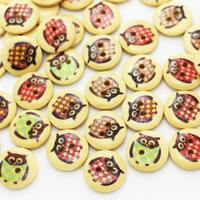 Owl Wooden Button, Animal Bird, Cartoon Decorative, Natural Wood, Two Holes, 15mm, 0.59inch, Plaid P