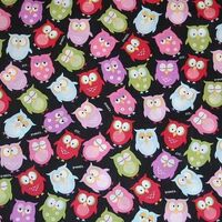 Sleepy Owl Fabric Red Blue Pink Green Owls on Black Nursery Quilting Cotton Fabric