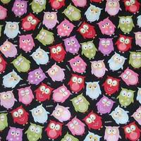 Sleepy Owl Fabric Red Blue Pink Green Owls on Black Nursery Quilting Cotton Fabric