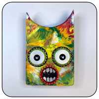 Hand Painted Wood Plaque, Abstract Owl Character, Bottle Cap Eyes, Folk Art Wall Decor