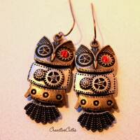 Steampunk Owl Earrings with Red Crystal Eyes, Rustic Silver & Bronze Articulated Owl Charms, Fun
