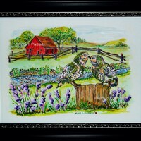 Burrowing Owls kiss "Hello you" - Red Barn - Lavender 12x16 ORIGINAL painting - Signed - F