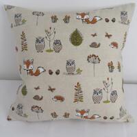 Foxes and owls print cushion cover made from cotton linen mix fabric