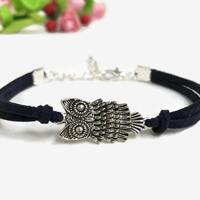 Owl bracelet Friendship bracelet owl charm Wise owl bracelet Suede cord bracelet Silver owl jewelry 