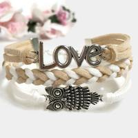 Love owl bracelet Beige brown white bracelet Silver owl bracelet Silver love bracelet Light brown br