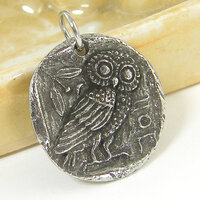 Silver Owl Pendant, Pewter Bird Pendant, Reversible Nature Charm Athena's Owl Greek Mythology Pe