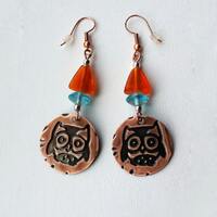 Copper Owl Drop Earrings, Turquoise & Orange Beads,Embossed Copper