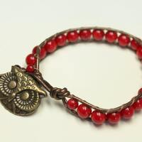 Red Coral Bamboo Leather Wrap Bracelet with Owl Button