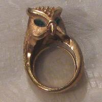 Rare 50s Trifari Something Wild Owl Ring , Vintage 1950s Crown Trifari Gold Metal + Emerald Green Gl