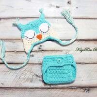 Newborn Baby Crochet Sleepy Owl Hat and Diaper Cover Set Aqua and Cream