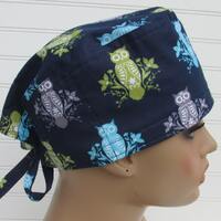 Handmade owl scrub cap chemo hair loss hat with sweatband.