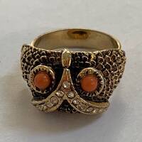 Vintage Owl Face Ring with Eyes of Coral Cocktail Ring Size Adjustable