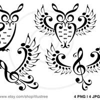 Music owls, music birds, digital clip art, music notes clipart set for logo design, graphic design, 