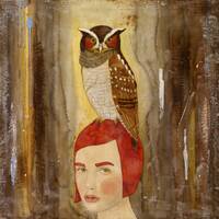 Messenger, owl painting, inspiring artwork, mystical red haired woman | dreamy earth tones| bird lov