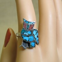Owl Ring, Turquoise and Jasper Mosaic Chip Alpaca Silver Vintage, size 6.5