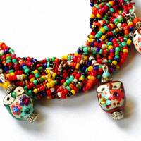 Whimsical Colorful Ceramic Owl Charm Wide Multicolor Seed Bead Beaded Bracelet Hand Painted Boho Fun