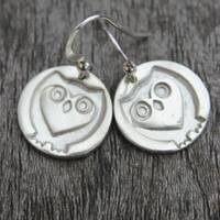 Silver owl earrings with a heart shaped face, handmade in UK
