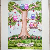 Personalised Owl Family Tree, original watercolour designed to your requirements.