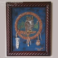 Framed Owl Sand Sculpture: Native American Medicine Wheel Art, Gemstones (11x14")
