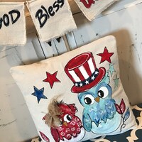 Patriotic, Red, White, and Blue, Owls, Hand-painted, Americana, 4th of July, Handmade,  Pillow Cover