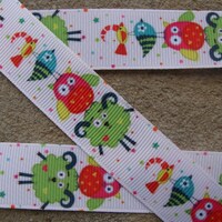3 yards Green Sheep, Owl and Birds Kids Animal Ribbon 7/8" Grosgrain Ribbon Hair Bow Ribbons