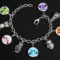 Owl Bracelet.  Owl Lover Charm Bracelet. Colorful Owls Bracelet. Owl Jewelry. Bird Jewelry. Silver C