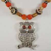 Statement Owl Necklace with Silver Plate Chain, Silver Tone Openwork Owl Pendant with Carnelian, Gol