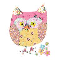 Modern Patchwork Woodland Owl Print for Girls Bedroom or Nursery Decor - Pink and Yellow Unique and 