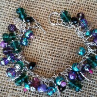 Owl charm bracelet, free shipping, glass beads, toggle clasp, chunky charm bracelet, owl charm jewel