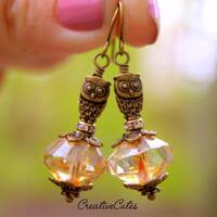 Rustic Boho Owl Earrings, Victorian Brass Owls, Czech Glass Picasso Beads, Crystal Rhinestone Rings,