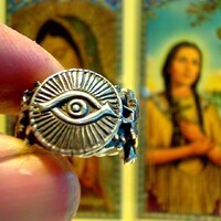 Little Eye of God Amulet  GOOD LUCK Ring two Lucky Owls for wiccan and biker and seekers