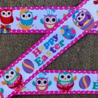 3 yards 7/8" Owl ribbon Happy Easter Owl Bunny ribbon Grosgrain Printed Ribbon Easter Bunny rib