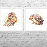 Watercolor Forest Animal Prints: Owl & Hedgehog Nursery Art (Set of 2)