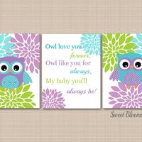 Owls Nursery Wall Art Teal Puple Lime Green Floral flowers Owl Love You Forever Baby Girl Bedroom De