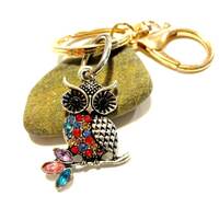 Rhinestone Owl Keychain, Colorful Beaded Gold Key Ring