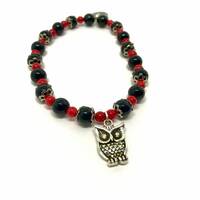 Black Onyx and Red Coral Owl Charm Bracelet