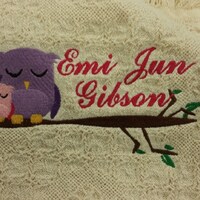 Sweet Owl Embroidered Afghan with name, Momma Owl and Baby Owl Afghan,  New Baby Embroidered Gift,