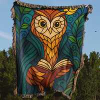 Wise Owl Blanket, Reading Book Woven Blanket, Stained Glass Style Art Blankets, Unique Gift Idea, Co