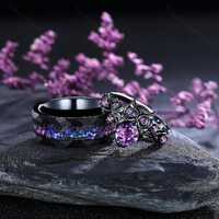 Owl Amethyst Engagement Ring Gothic Galaxy Couple Rings Set Bridal Promise Ring for Couples Owl Ring