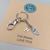 Owl Keyring &ndash; Tibetan Silver Charm on a Swivel Clasp Keychain, Includes Personalised Backing C