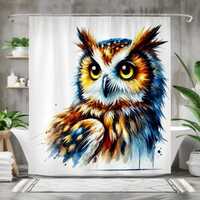 Owl Shower Curtain Watercolor Forest Bird, Vibrant Animal Art Bathroom Decor, Wise Owl Gift for Natu