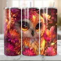 Whimsical Owl Tumbler Wrap PNG, Glowing Floral Owl 20oz Skinny Sublimation Design, Digital Bird PNG,